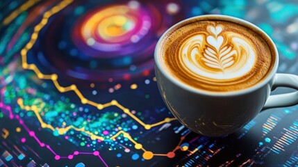Latte art on a cup of coffee atop a complex data visualization