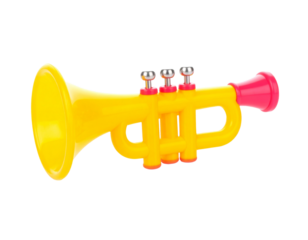 A shiny gold baby toy trumpet, isolated on a white background, ideal for use in children's music-related content or toy catalogs.