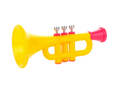 A shiny gold baby toy trumpet, isolated on a white background, ideal for use in children's music-related content or toy catalogs.