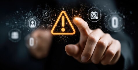 Hand pointing at a glowing warning icon surrounded by digital interface elements