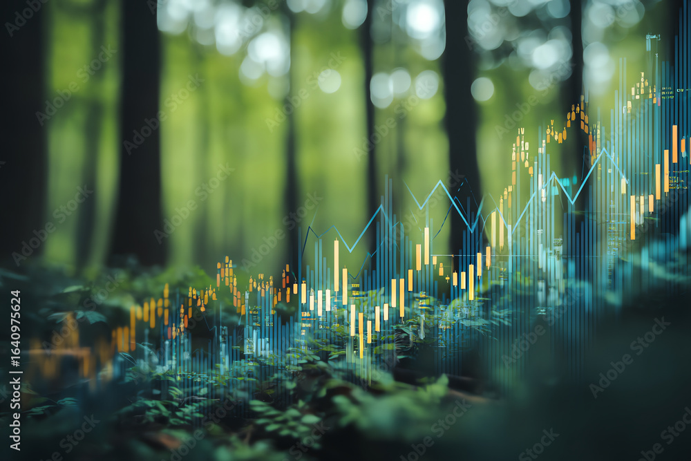 Poster a digital financial graph overlay blends with a lush green forest background, symbolizing the inters