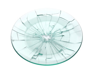 A cracked glass plate, isolated on a white background, perfect for use in themes of damage, fragility, or household accidents.