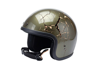 Fototapeta premium A cracked helmet, isolated on a white background, symbolizing themes of safety failure, accidents, or damage.