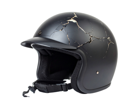A cracked helmet, isolated on a white background, symbolizing themes of safety failure, accidents, or damage.