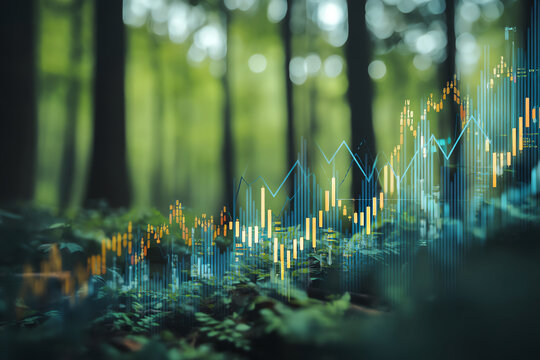 A digital financial graph overlay blends with a lush green forest background, symbolizing the intersection of nature and data analytics or sustainable growth