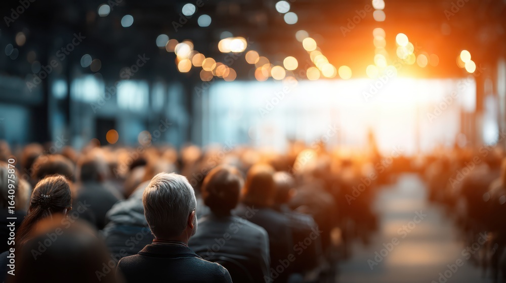 Poster a focused audience attending a conference or event, illuminated by warm lighting, creating an engagi