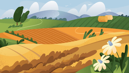 Autumn field or fall landscape. Vector countryside