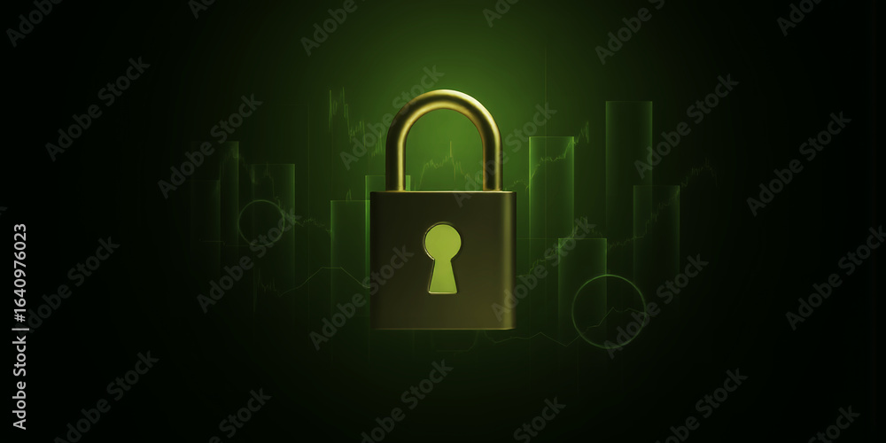 Poster a golden padlock with a keyhole centered on a green background with abstract shapes around it