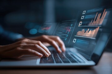 Close-up of hands typing on a laptop, overlaid with data visualizations