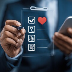 Person checking health care checklist on a digital clipboard