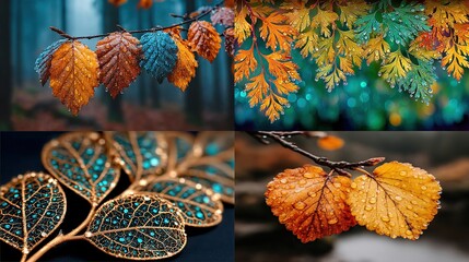 Autumnal leaf collage featuring close-ups of dew-kissed foliage in varying hues of orange, yellow, and teal; one section showcases an ornate, jewel-toned leaf design