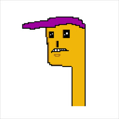 Pixel art character with purple cap and elongated neck
