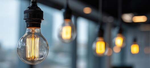 Warm light bulbs hanging from dark metal fixtures