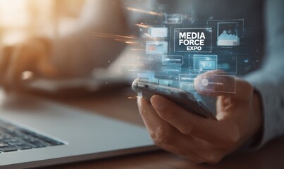 Person holding a phone with a media force expo overlay on screen,  with laptop in the background