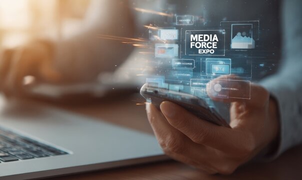Person holding a phone with a media force expo overlay on screen,  with laptop in the background