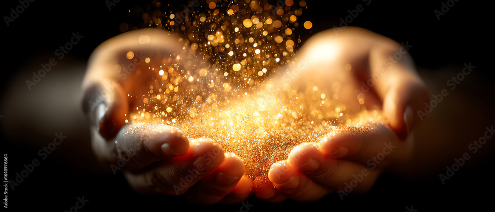 Poster two hands gently cupping and releasing a glowing, golden sparkling dust against a dark background, c