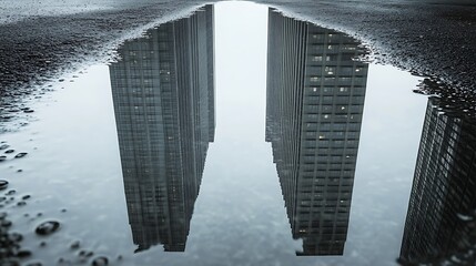 Puddle reflecting skyscrapers