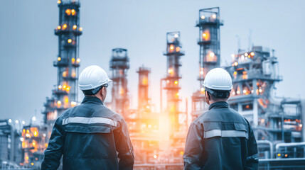 Two industrial workers in safety gear stand facing a large refinery complex with illuminated towers and equipment at dusk