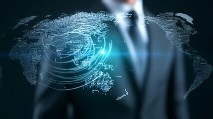 Digital World Touch: A focused view of global connectivity with a hand interacting with a digital map showcasing global reach and innovation. - Powered by Adobe