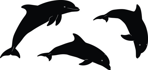 Dolphin silhouette vector set, sea animal illustration, marine wildlife clipart, ocean dolphin graphic, isolated swimming dolphin on white