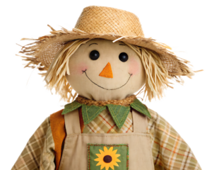 A close up of a smiling scarecrow doll wearing a straw hat and overalls with a sunflower patch