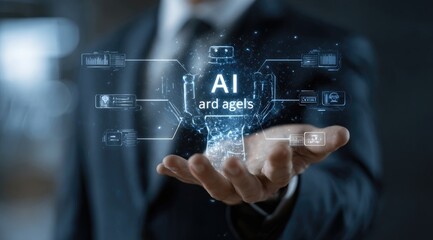 Businessperson holding a holographic projection of AI and related concepts