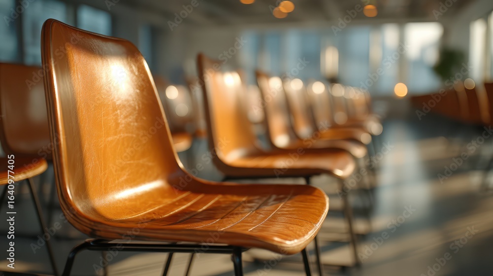 Poster a row of stylish brown chairs illuminated by soft light, creating an inviting and modern atmosphere 