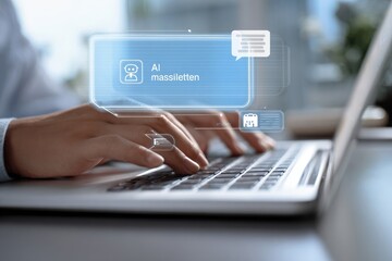 Close-up of hands typing on a laptop, with AI-related interface elements overlaid