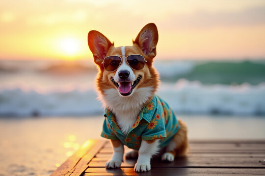 Happy corgi dog wearing sunglasses and shirt by the ocean at sunset   - Powered by Adobe