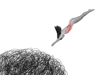 Image collage sketch of young attractive girl jumping down problems stress concept isolated on...