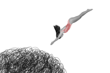 Image collage sketch of young attractive girl jumping down problems stress concept isolated on painted background