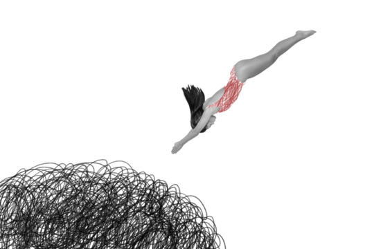 Image collage sketch of young attractive girl jumping down problems stress concept isolated on painted background