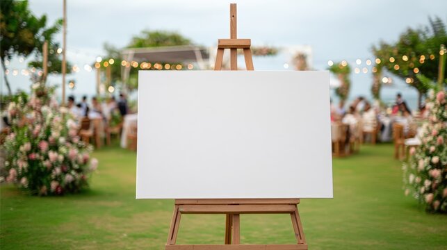 Blank Canvas on Easel at Outdoor Wedding Reception with Elegant Decor and Green Lawn - Powered by Adobe