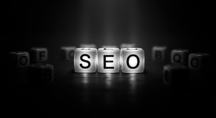SEO spelled out in light: A compelling, high-contrast visual of the letters SEO, brilliantly illuminated and arranged in a dramatic setting.