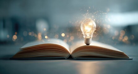 Open book with glowing lightbulb, creative concept