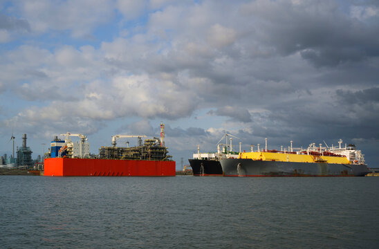 LNG gas terminal with tankers at Eemshaven harbor the Netherlands