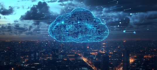 A massive digital cloud made of binary code floating above a futuristic city