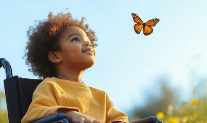 Happy African American disabled child in a wheelchair, looking at the sky with a single butterfly. The image represents inclusivity, diversity, and a hopeful future, Generative AI