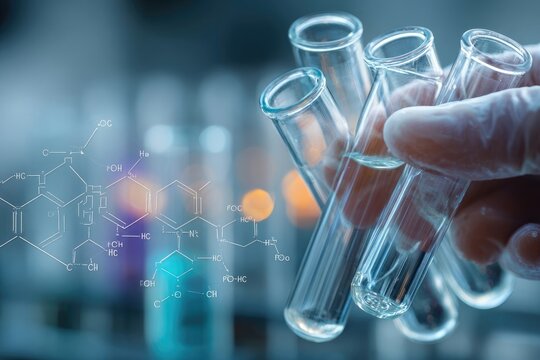 Hand in lab gloves holding test tubes filled with liquid, chemical formulas in background