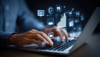 Hands on laptop, holographic data interface