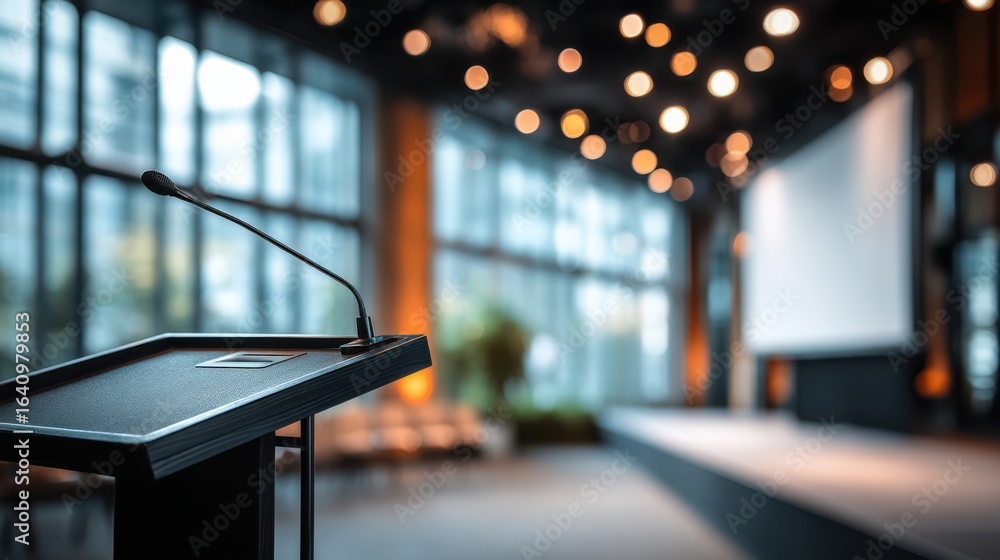 Poster a modern conference setup featuring a podium with a microphone, surrounded by ambient lighting and a