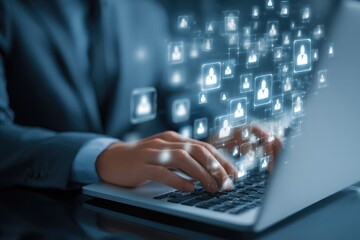 Person using laptop, digital profile icons floating around