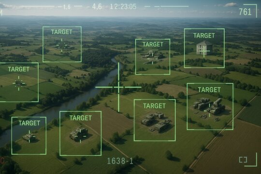 Drone operator identifies multiple military targets on the ground. A single target becomes many as the system scans the area. Target lock acquired on several armored vehicles from the air.