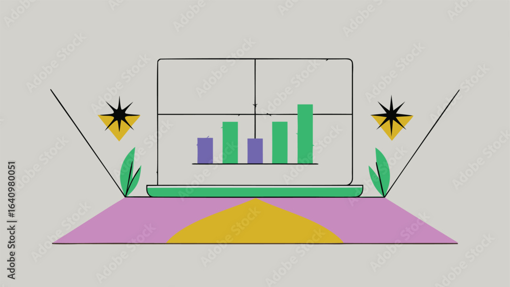 Poster laptop displaying a bar graph with plants and stars on a colorful surface in a modern design style