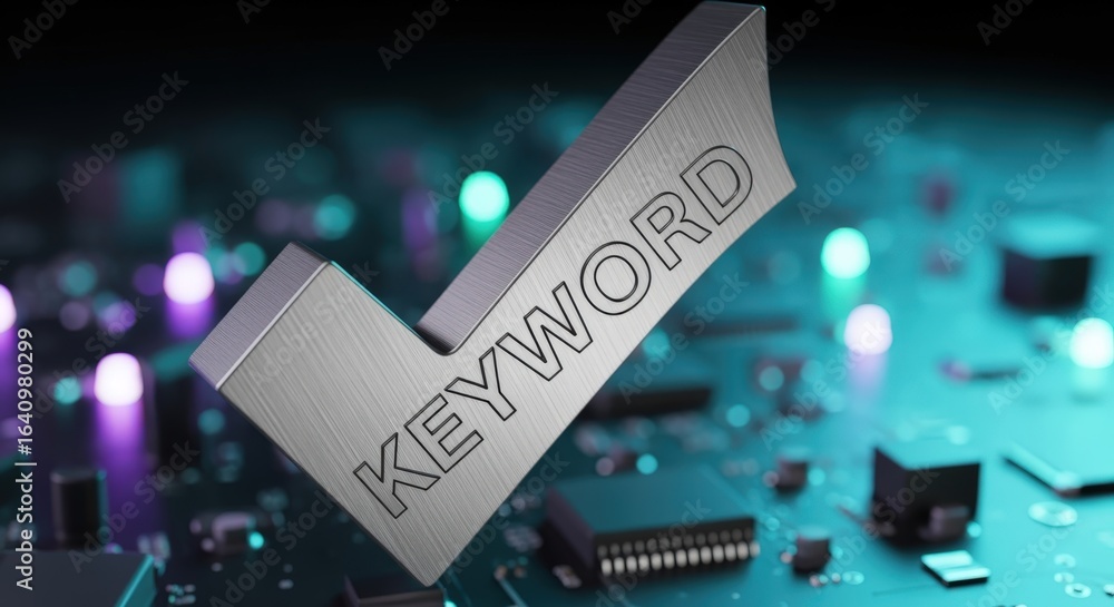 Poster keyword validation concept: 3d rendering of a metallic tick symbol on a circuit board