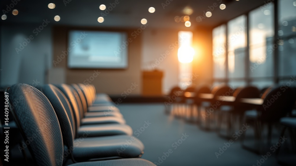 Poster a modern conference room with empty chairs illuminated by soft lighting and a sunset glow streaming 