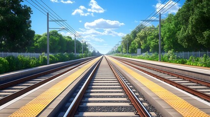 Railway tracks extending into a scenic landscape