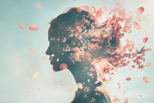 Captivating portrait of woman embracing spring blossom nature as concept of inner mind growth and serenity through meditation