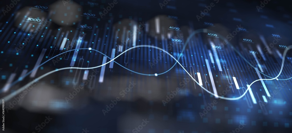 Poster digital data trends and financial analytics illustrated with dynamic charts.