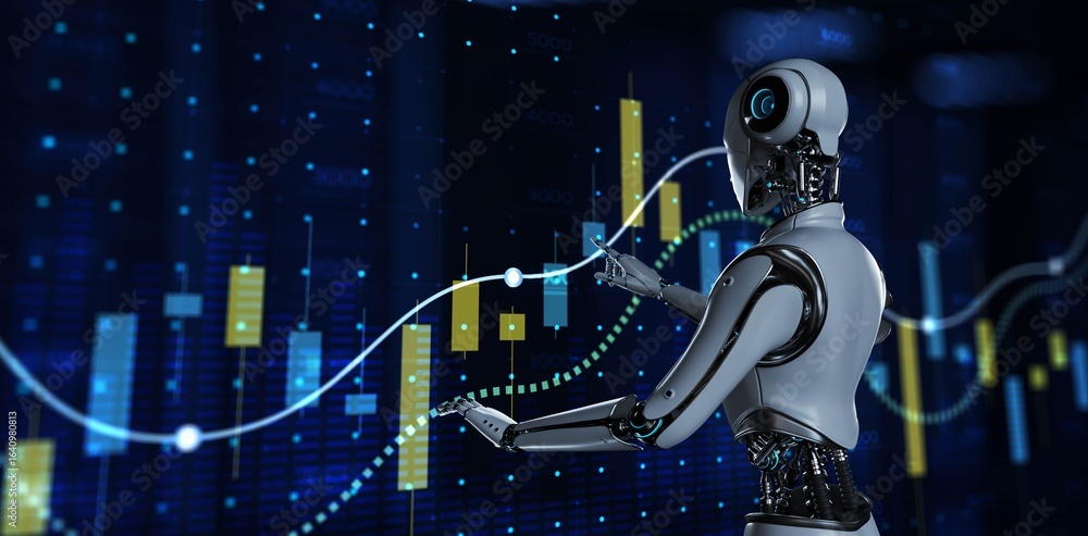Poster ai-assisted market analysis and data visualization. 3d render.